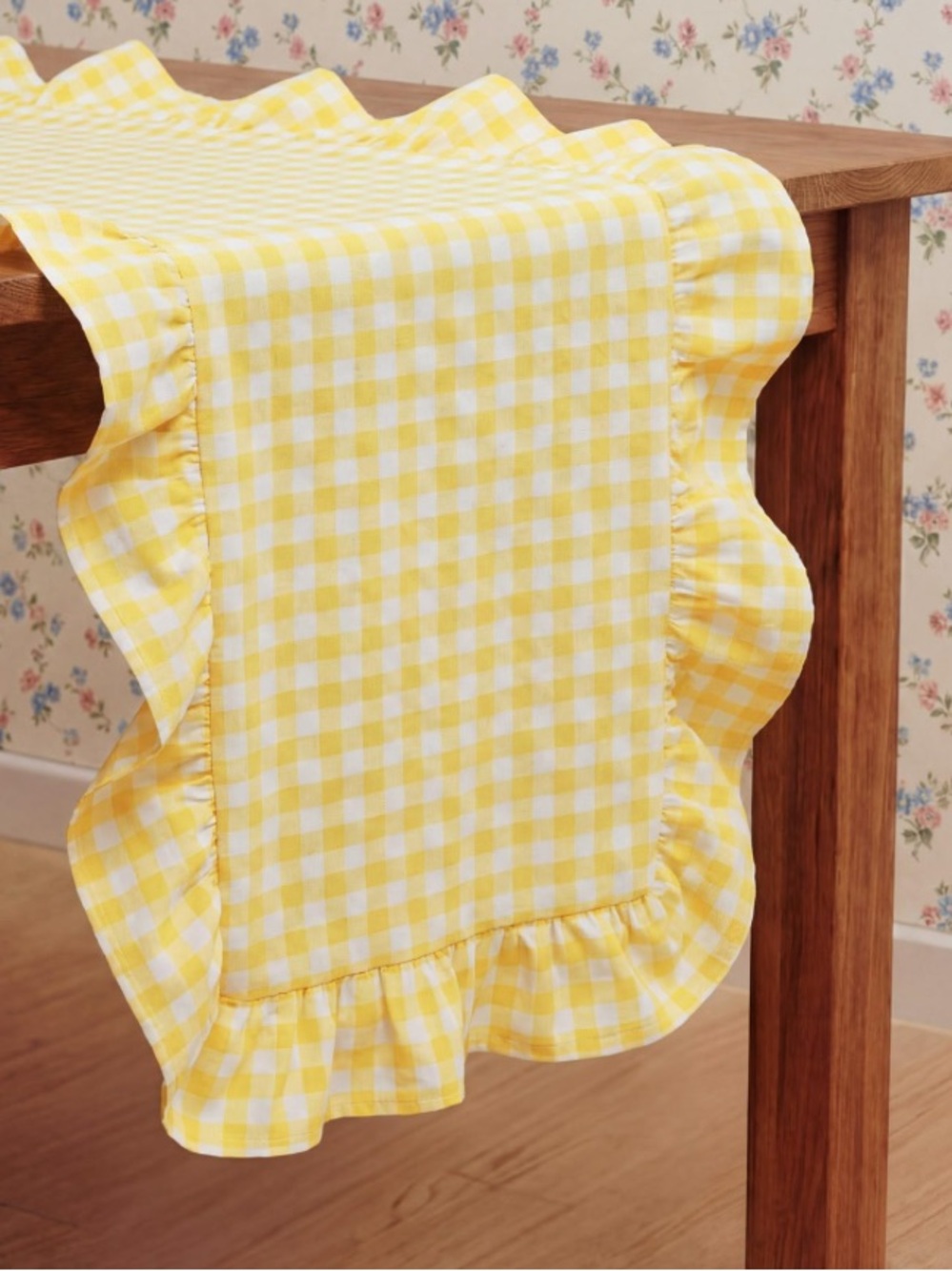 Farmhouse Gingham Plaid Ruffle Table Runner 100% Cotton 12x71” - YELLOW